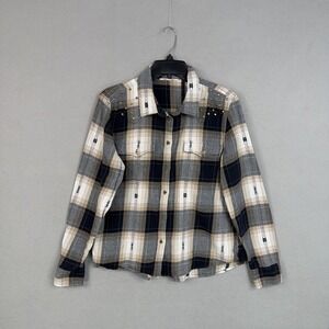 Lucky Brand Shirt Womens Large Blue Plaid Button Up Flannel Western Studded